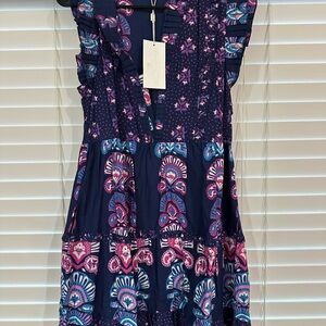 Caroline Constas Navy Blue Pink Paisley Tiered Sundress